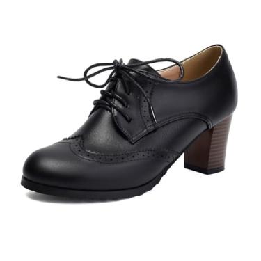 Imagem de JOEUSTY Sapato social feminino clássico bico redondo com cadarço Oxford salto alto bloco grosso vintage Brogues, Preto, 40