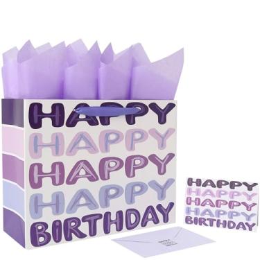 Imagem de Conjunto de sacolas de presente de feliz aniversário roxo grande de 33 cm com alças, cartões comemorativos, lenços de papel e adesivos para mulheres, meninas, crianças, adolescentes, design de