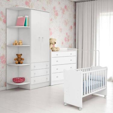 Imagem de Berço Doce Sonho Branco + Kit Rodízio + Cômoda c/ Trocador + Guarda-Roupa 2P Doce Sonho