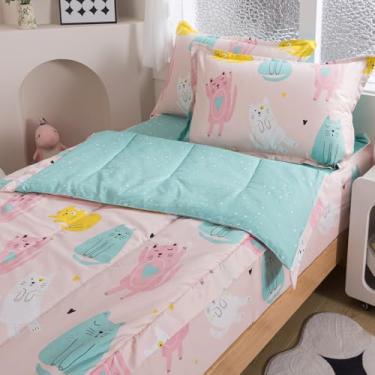 Imagem de ADASMILE A & S Jogo de cama solteiro com estampa kawaii, gato, desenho kawaii, para meninas, com estampa de gatos, lençol azul e fronhas, decoração de casa para todas as estações