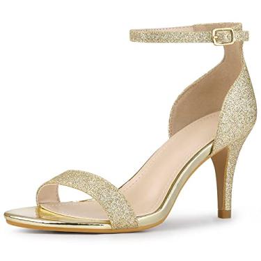 Imagem de Allegra K Sandálias femininas de salto agulha com glitter e tira no tornozelo, Dourado, 40