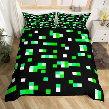 Imagem de Conjunto de capa de edredom tamanho Queen, blocos pixelados, 3 peças para decoração de quarto de crianças, meninas, meninos, mulheres, geométrico, quadrado, capa de edredom com tema pixel, 2 fronhas
