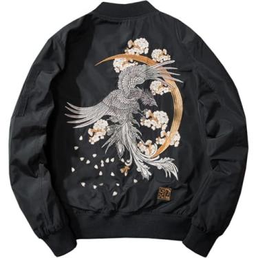 Imagem de Jaquetas De Beisebol Masculinas Bomber Harajuku Style Phoenix Jaqueta Bordada Floral Jaqueta De Piloto Da Força Aérea Casacos De Carga Masculinos Jaqueta De Uniforme De Beisebol Co, Black, XXL