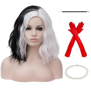 Imagem de Peruca BERON Short Curly Bob Wavy 35cm preta e branca para mulheres