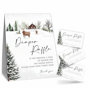 Imagem de Kit de jogo sorteio de fraldas para chá de bebê - Floresta Nevada - 1 placa de pé e 50 ingressos, decoração para chá de bebê, revelação de gênero, anúncio de bebê - B07
