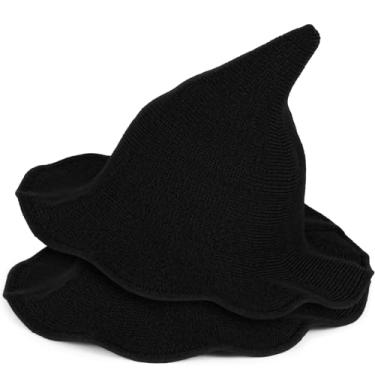 Imagem de Vovocas Chapéu de bruxa de Halloween para mulheres - chapéus de bruxa pretos para adultos, acessório de fantasia para festa cosplay, boné de lã moderno de bruxa, Preto e pacote com 2, Witch Hat