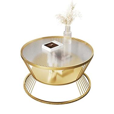 Imagem de Mesa de centro de design simples de 59,9 cm, mesa de centro redonda de 2 camadas com prateleira de armazenamento aberta para sala de estar, mesa de vidro tempared, moldura de metal, mesa central