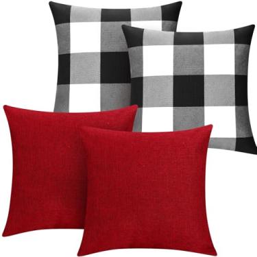 Imagem de Breling Conjunto de 4 capas de almofada xadrez xadrez Farmhouse Buffalo para decoração de Natal, Dia das Bruxas, Ação de Graças, cama de carro, sofá, 45 x 45 cm (preto, branco e vermelho puro)
