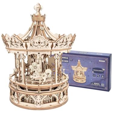 Imagem de Quebra Cabeças 3D em Madeira para Adultos, Tema Caixa de Música Carrossel Infantil com 336 Peças, ROKR AMK62