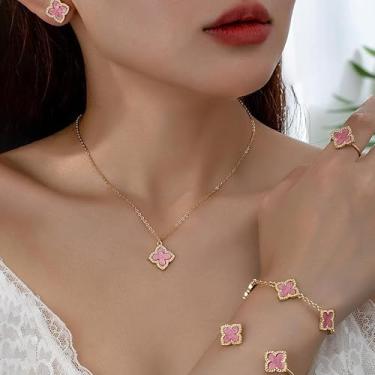 Imagem de Conjunto de 6 peças/conjunto de brincos de trevo da sorte conjunto de anéis para mulheres banhado a ouro com pingente de quatro folhas conjunto de joias modernas presente de dia dos namorados