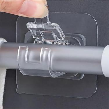 Imagem de 4 peças de gancho de varão de cortina sem perfuração, suporte de varão de cortina autoadesivo transparente, quarto, sala de estar, cozinha, banheiro