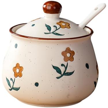 Imagem de Lifenanny Açucareiro com tampa e colher, potes florais de condimentos de cerâmica de 300 ml, recipiente de tempero de 293 ml, caixa para cozinha, café, bar, flor amarela