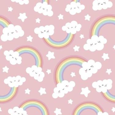 Imagem de Papel De Parede Adesivo Nuvens Fofinhas Arco-iris Rosa Quarto Infantil