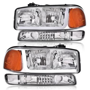 Imagem de G-PLUS Conjunto de faróis LED DRL, compatível com GMC Sierra 1500 1999-2007/compatível com GMC Sierra 1500 HD 2001-2007 (não serve para guarnições Denali), lente transparente cromada, refletor âmbar