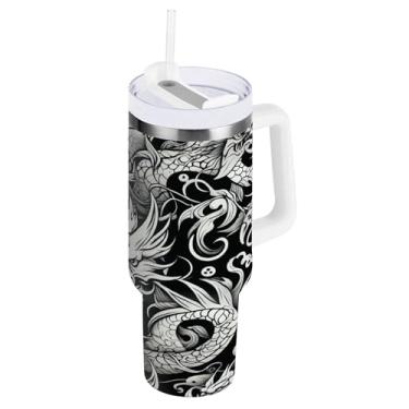 Imagem de xigua Copo vintage com estampa de dragão 1,134 g com tampa e canudo, aço inoxidável de vácuo duplo isolado garrafa de água esportiva suporte para copo de café de viagem à prova de vazamento para