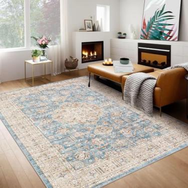 Imagem de GlowSol Boho Tapete lavável, 23,5 x 30,5 cm, sala de estar, vintage, para quarto, estetica, boêmio, desgastado, tapete de área grande para escritório, sala de jantar, sala de aula, azul claro/bege 2,5
