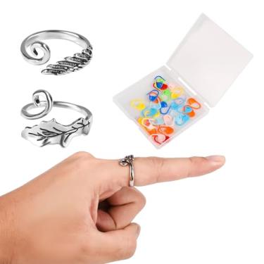 Imagem de 2 anéis de crochê, anel de tensão de crochê com folha de asa de anjo para dedo com 30 clipes de papel, laços de tensão de fio prateado para decoração diária de crochê