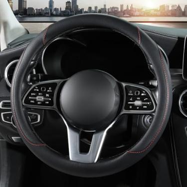 Imagem de Capa de volante de carro, capa de volante de couro, universal de 39,4 a 40,6 cm, antiderrapante, confortável, capas de volante masculinas e femininas (preto)