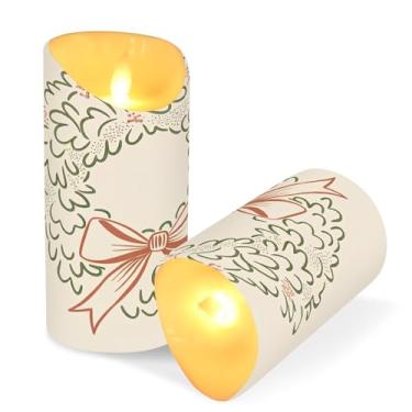 Imagem de ATTX Pacote com 2 velas sem chamas com laço de guirlanda de Natal – 7,6 cm x 9,9 cm de LED com controle remoto e temporizador para casa, casamento, decoração de acampamento #770