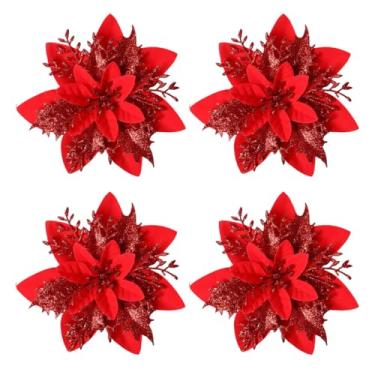 Imagem de 4 peças de flores artificiais com glitter de Natal – enfeites de árvore de Natal, para decoração de casa, grinalda, escada e lareira para férias, casamento e festa (4 peças)