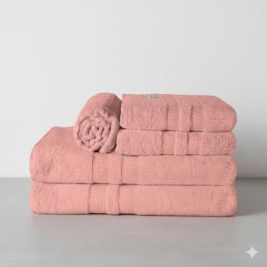 Imagem de Kit Toalha de Banho e Rosto 5 Pçs 100% Algodão 480 g/m2 Fio Duplos - Barra Dupla Decoratica, Luxo, maciez e alta absorção - Rosa
