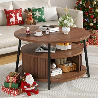 Imagem de Mesa de centro redonda de 80 cm com armazenamento, mesas de centro caneladas com 2 camadas, mesa central moderna de meados do século com 2 portas deslizantes e apoio ajustável para sala de estar