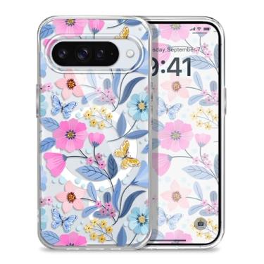 Imagem de Gencyfu Capa para Google Pixel 10, suporte para Magsafe, capa protetora magnética fina para celular Pixel 10 de 6,3 polegadas, flores roxas
