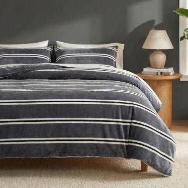 Imagem de Bedbay Conjunto de edredom King listrado cinza, luxuoso, de veludo, macio, quente, fofo, 3 peças, cinza e branco, conjunto de cama king size para todas as estações