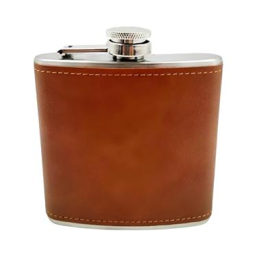 Imagem de Cantil de Bolso Premium em Aço Inoxidável e Couro Marrom, 175ml, Tampa com Rosca, Design Clássico para Bebidas