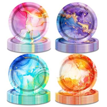 Imagem de OXYLIPO 32 peças de pratos tie dye – suprimentos para festa de aniversário arco-íris tie dye decorações coloridas conjunto de utensílios de mesa | Pratos de papel de sobremesa descartáveis de 18 cm