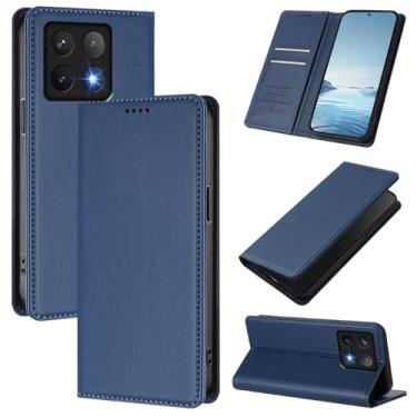 Imagem de Capa carteira fina para Xiaomi 14T Pro 5G com capa flip magnética, compartimentos para cartões e suporte, bloqueio RFID, compatível com carregamento sem fio, capa protetora à prova de choque (azul)