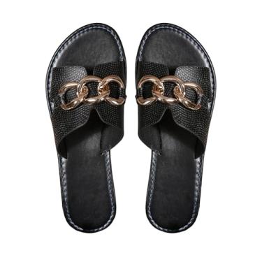 Imagem de GORGLITTER Sandálias femininas de couro H elegantes com corrente de metal, bico aberto, sem cadarço, para verão, praia, sandálias rasteiras, Preto, 41