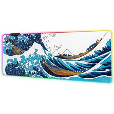 Imagem de Meffort Inc Mouse pad RGB para jogos – Tapete de mouse para jogos de LED XXL com bordas costuradas de design personalizado (81,5 x 11,8 polegadas, ótimas ondas)
