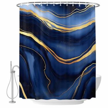 Imagem de Cortina de chuveiro com textura de mármore abstrata azul escuro, linhas de arte fluidas douradas, tecido impermeável, conjunto de cortinas de chuveiro para banheiro, decoração de casa, lavável na