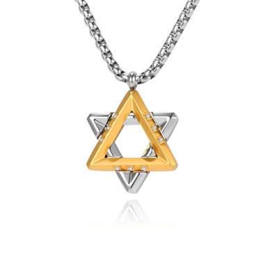 Imagem de Colar com pingente de estrela de Davi, design de dois tons com zircão, corrente de aço inoxidável de 61 cm, 60cm, Aço inoxidável, Sem Pedra Preciosa