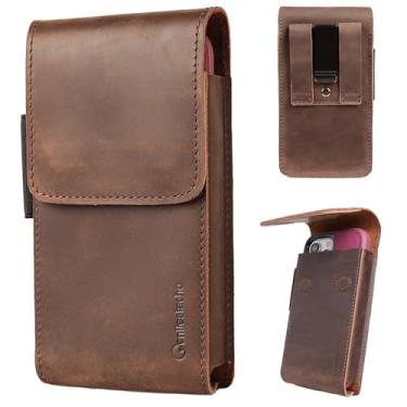 Imagem de Gentlestache Coldre de telefone de couro para iPhone 16 Pro, 15 Pro, 14 Pro - Capa de celular para Galaxy S25, S24, S23 - Bolsa para celular com clipe de cinto - Serve com capa grossa, marrom escuro