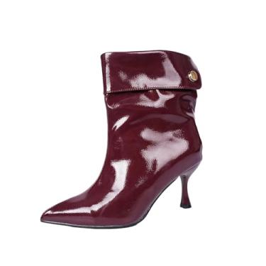 Imagem de Botas femininas de bico fino, cor sólida, salto baixo, casual, inverno, Vinho vinho, 35