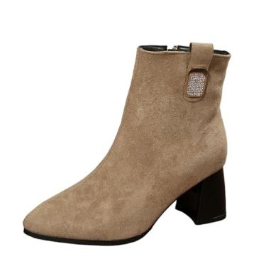 Imagem de Botas femininas modernas casuais de inverno versáteis com strass salto médio pontiagudo salto grosso, Caqui, 34
