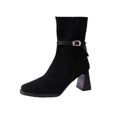 Imagem de Botas femininas modernas de inverno casuais de bico sólido fivela lateral zíper médio sapatos confortáveis, Preto, 38