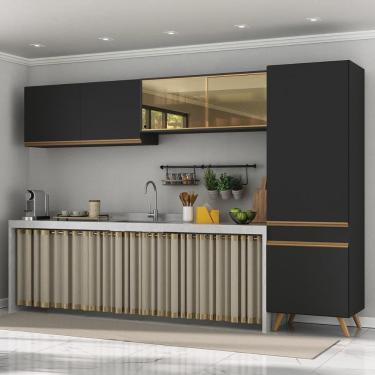 Imagem de Armário Cozinha Modulada Compacta Com Vidros 302cm 3 Peças Veneza Multimóveis Mp2299 Preto-Dourado