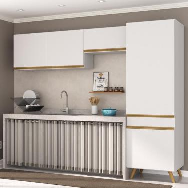 Imagem de Armário Cozinha Modulada Compacta 252cm 3 Peças Retrô Veneza Multimóveis Mp2301 Branco-Dourado