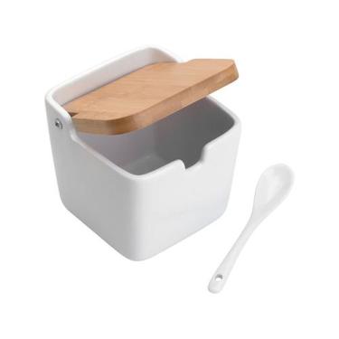 Imagem de Saleiro de Mesa de Cerâmica com Tampa de Madeira e Colher - Lyor, Bran