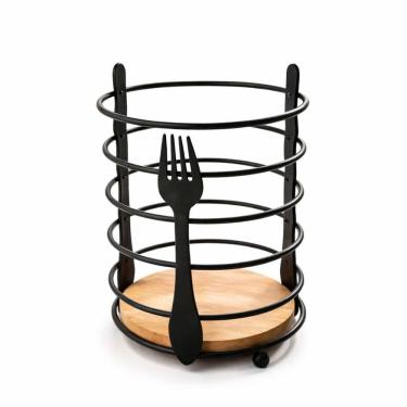 Imagem de Porta Talheres Organizador Talheres 16cm Aço Preto Base Madeira Suporte Cozinha Mesa Bancada