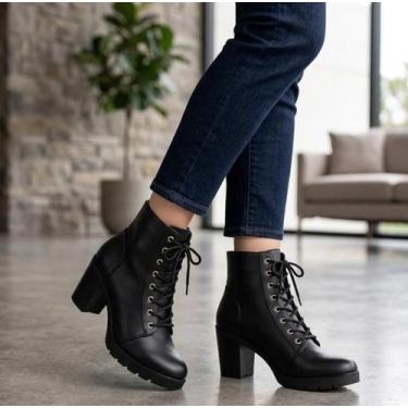 Imagem de Coturno Feminino Cano Alto Liso Cadarço Salto Alto Grosso Confortavel 