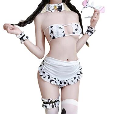 Imagem de SINROYEE Biquíni feminino sexy de vaca cosplay Lolita Maid conjunto de sutiã e calcinha kawaii anime japonês lingerie, Roupa de empregada de vaca nº 1, Tamanho Único