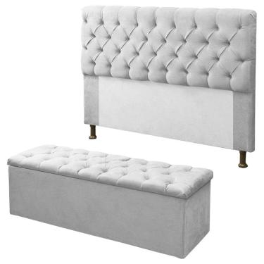 Imagem de Kit Cabeceira + Calçadeira Baú Sofia Casal 140cm Corino Branco - LM DECOR
