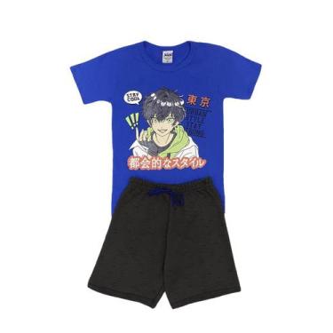 Imagem de Conjunto Infantil Menino Camiseta Azul Otaku E Bermuda Chumbo - Jidi K