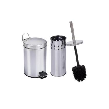 Imagem de Lixeira 3 Litros Pedal + Escova Sanitária Inox Kit De Banheiro Lixo -