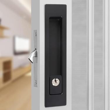 Imagem de Fechadura de porta deslizante invisível alça embutida com chaves trava de porta de bolso deslizante para ferragens de móveis de madeira, preto