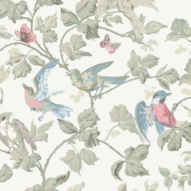 Imagem de Toduso Papel de parede vintage para destacar e colar 39 cm x 190 cm papel de parede bege pássaros folha borboleta papel de contato autoadesivo removível papel de parede prateleiras forros rolo de vinil decorativo